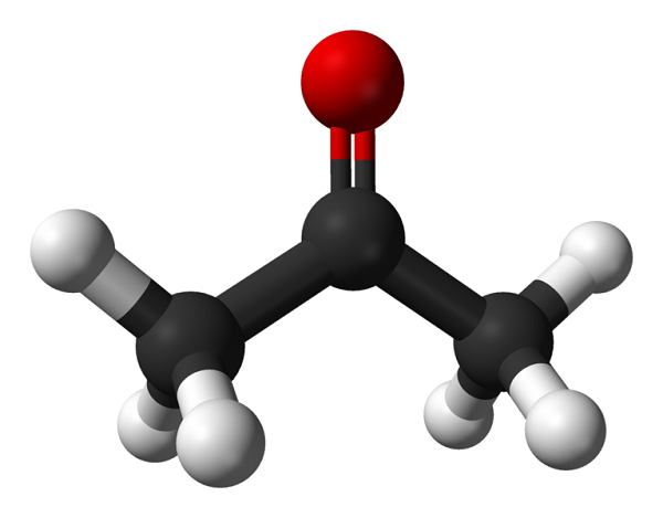  Ball-and-stick model of the acetone molecule, C3H6O. 